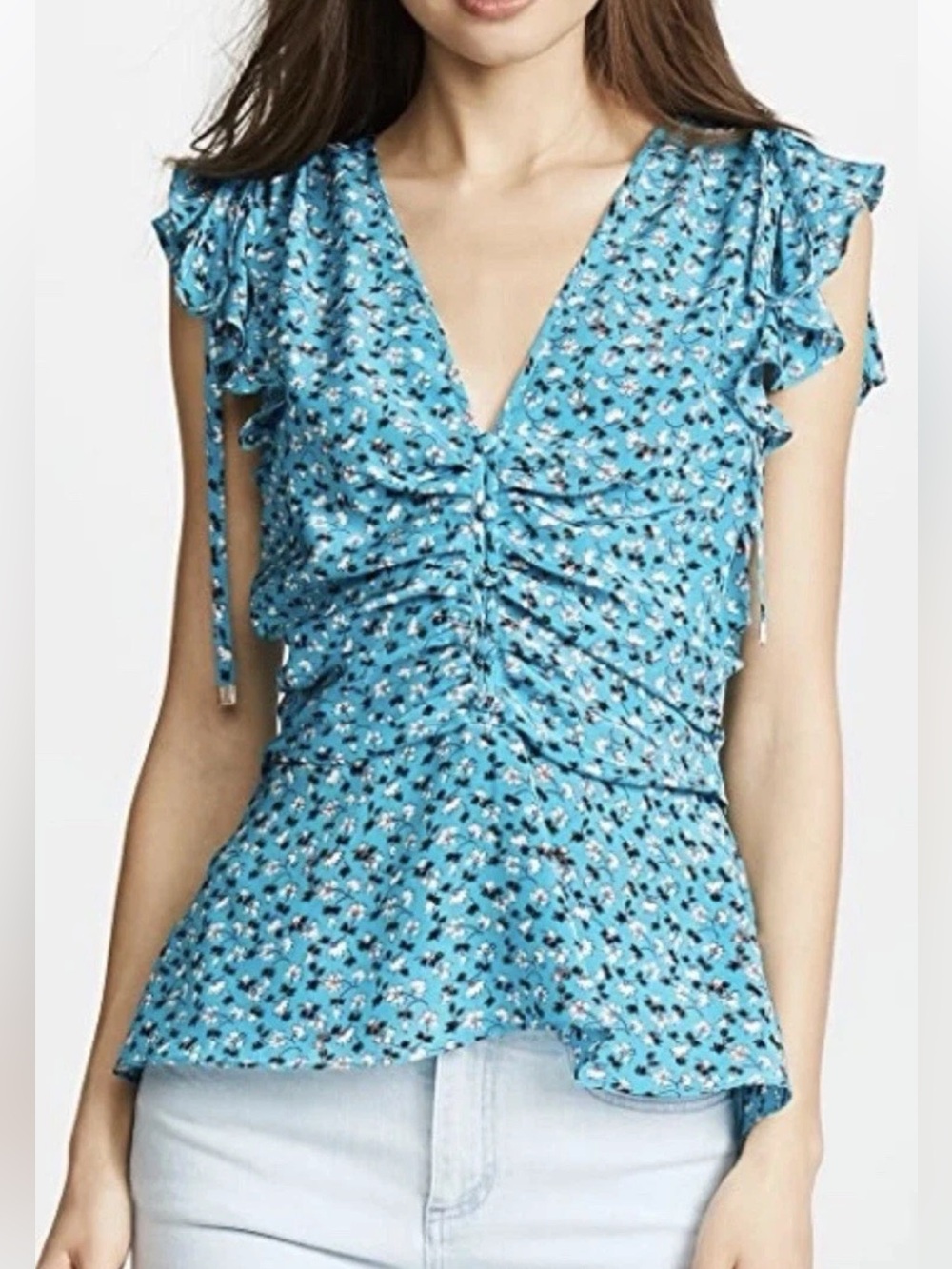 Veronica Beard silk Aqua Floral Ruched V-Neck Ruffle Sleeve Blouse Sz.0, XS